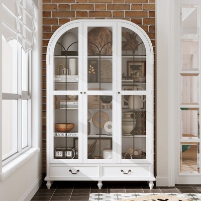 FUFU&GAGA Glass Door Display Cabinet with Storage DrawersBookcase with Wooden Legs