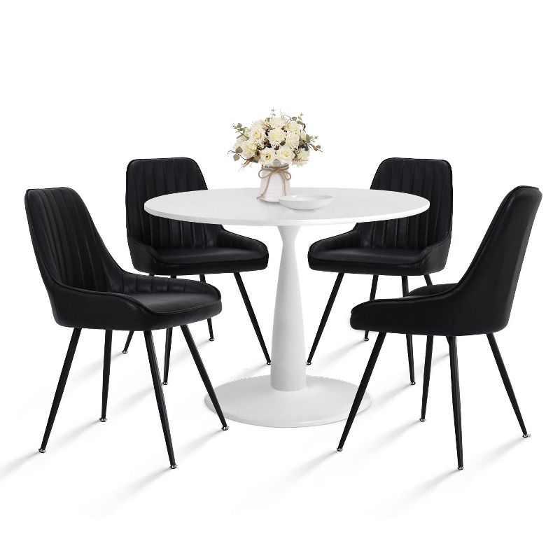 White Round Dining Table Set For 4,Round Pedestal Dining Table 35" With 4 Upholstered Faux Leather Dining Chair with Black Legs-The Pop Maison, 2 of 8