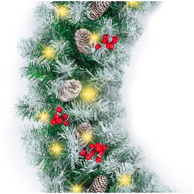 Best Choice Products 9ft Pre-Lit Pre-Decorated Garland w/ 200 Partially Flocked Tips, 50 Lights, Pine Cones, Berries