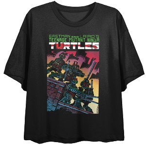 TMNT Comics Origins Cover Art Women's Black Short Sleeve Crew Neck Crop Tee - 1 of 3