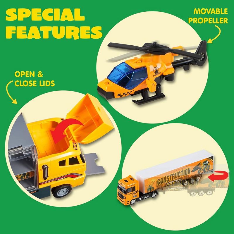 19 in 1 Die-cast Construction Toy Truck, Mini Construction Vehicles in Big Carrier Truck, Patrol Rescue Helicopter for Boys Kids Easter Gifts, 5 of 9