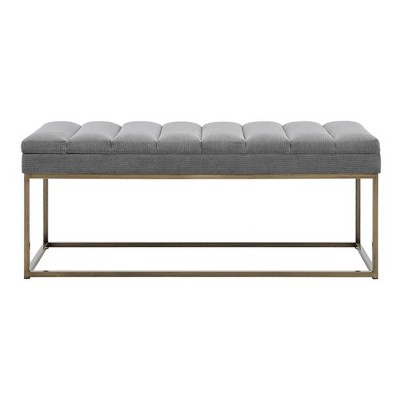Light Gray Polyester Upholstered Bench with Brushed Gold Steel Base