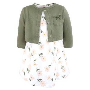 Hudson Baby Infant and Toddler Girls Cotton Dress and Cardigan Set, Sage Floral - 1 of 4