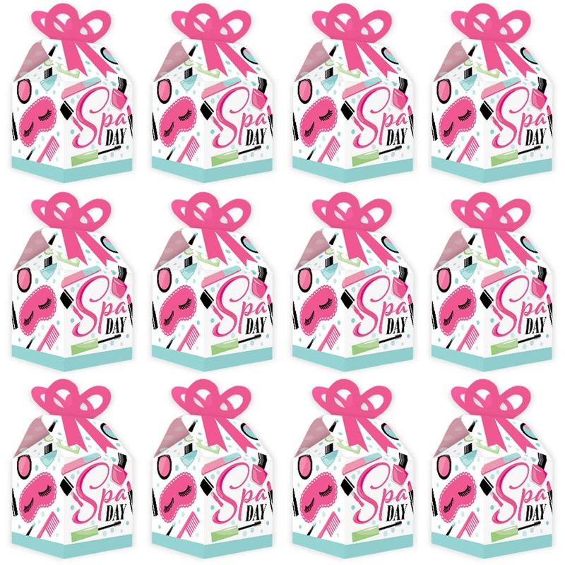 Big Dot of Happiness Spa Day - Square Favor Gift Boxes - Girls Makeup Party Bow Boxes - Set of 12, 5 of 9