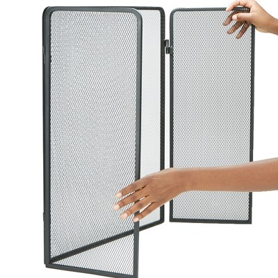 Black Metal Mesh Three-Panel Folding Fireplace Screen with Door