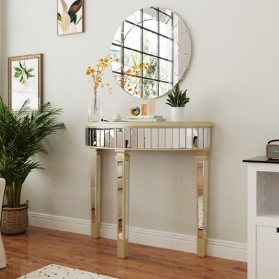 Artloge 35.4x31.6 in Silver Mirrored Console Table Half-moon Sofa Accent Table Living Room Furniture