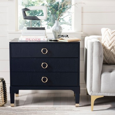 Navy Brushed Finish 3-Drawer Nightstand with Nickel Accents