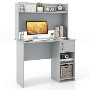 Computer Desk w/ Hutch Home Office Desk w/ Adjustable Shelf Modern Writing Table PC Desk with CPU Stand & Door Cabinet 2 Cable Management Holes