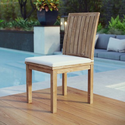 Natural Teak Armless Outdoor Dining Chair with White Cushion