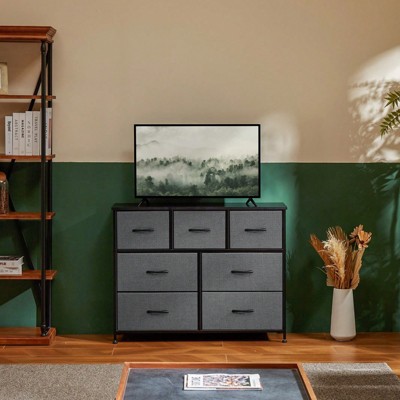 SKRAN Dresser For Bedroom With 7 Fabric Drawers, Chest Organizer Units For Clothing, Closet, Bedroom With Cabinet, Metal Frame, Wooden Top