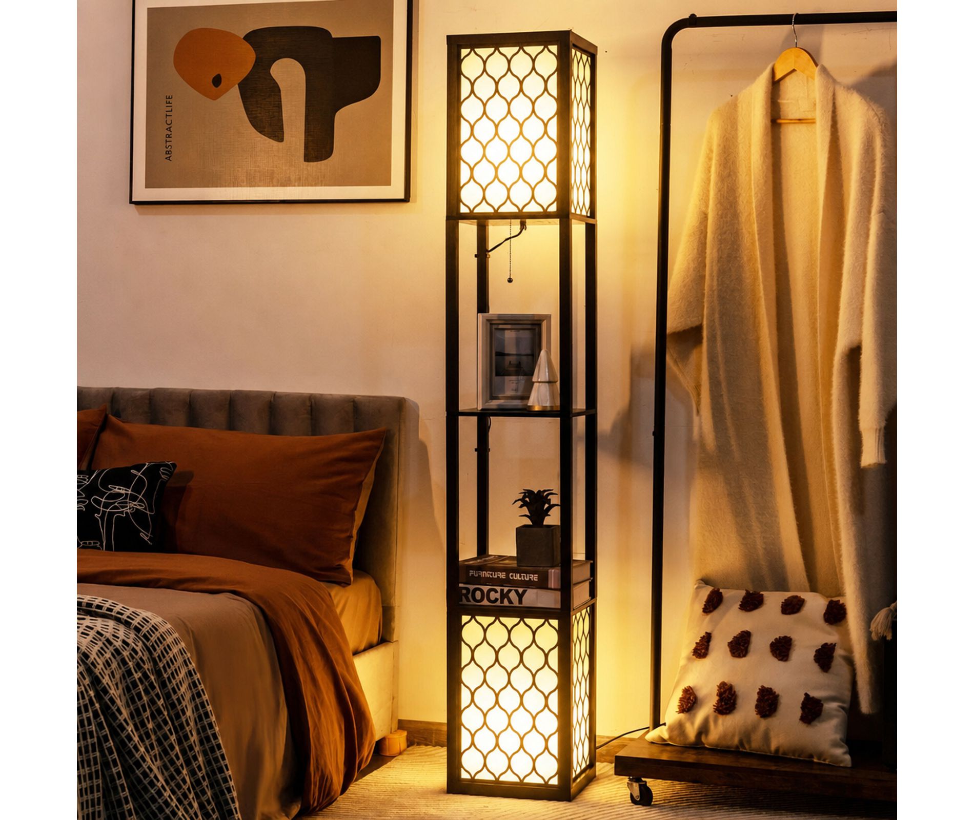 62" Floor Lamp with Shelves, Modern Standing Lamp with Foot Switch and Pull Chain for Living Room Bedroom, Black and White