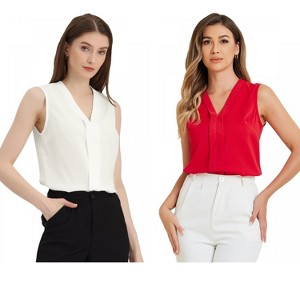 INSPIRE CHIC Women's Pleated V Neck Solid Work Sleeveless Blouse 2 Packs - 1 of 4