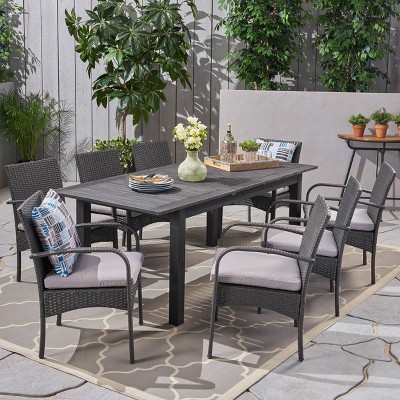 Elmar 9pc Wood and Wicker Expandable Dining Set Dark Gray - Christopher Knight Home