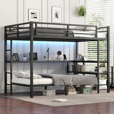 Full XL Over Twin Metal Bunk Bed with Desk, Shelves, LED & USB
