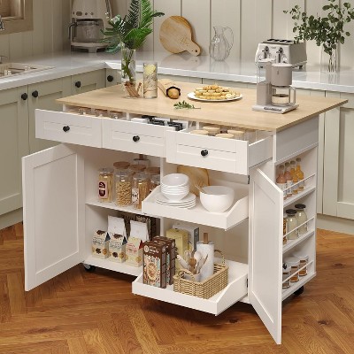 Rolling Kitchen Island Cart with Drop Leaf, Mobile Island Cabinet, Kitchen Storage Cabinet on Wheels, 3 Drawers, Spice Rack, Towel Rack, Black