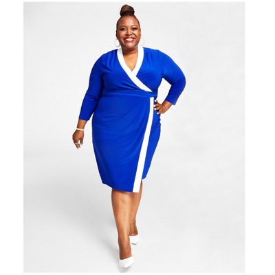 Kasper Womens Surplice V-Neck Wrap Dress, Blue, 1X