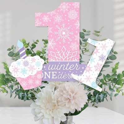 Big Dot of Happiness Pink Snowflakes 1st Birthday - Girl Winter ONEderland Party Centerpiece Sticks - Table Toppers - Set of 15