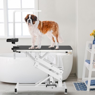 43 Inch Aluminum Frame Foldable Dog Grooming Table for Home with Adjustable Arm, Noose, Non-Slip Surface, and Storage Mesh Tray
