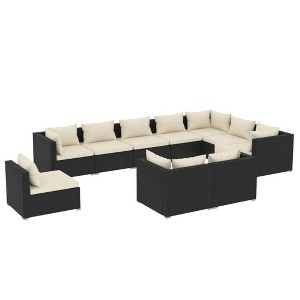 vidaXL Poly Rattan Patio Lounge Set - 10 Piece Outdoor Furniture with Cushions, Black and Cream, Powder-Coated Steel Frame - 1 of 4