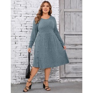Coolmee Women Casual Round Neck Long Sleeve Loose Side Button Wide Hem Knit Textured Sweater Midi Dress - 1 of 4