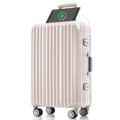 Vynxaria 20in Pink Aluminum Frame Luggage USB Port Spinner Wheels TSA Lock Ideal for Short Trips Beach Holidays Fashion