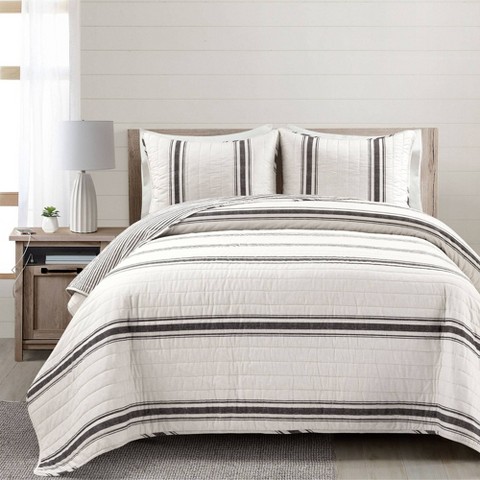 Lush Decor 3pc Full/Queen Farmhouse Striped Reversible Quilt Bedding Set Black - Lush Décor: Comforter Alternative, Cotton & Microfiber