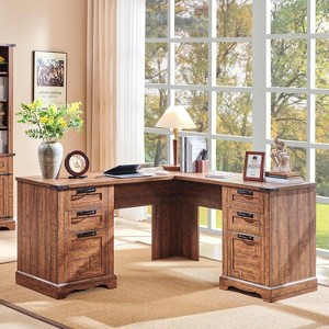 L Shaped Desk with Drawers, 60in Wide Farmhouse Executive Office Desk with Charging Station, Home Corner Desk with File Drawer - 1 of 4
