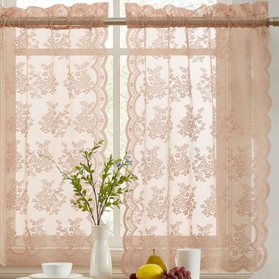 HLC.ME Jolene Floral Rod Pocket Lace Semi Sheer Voile Short Cafe Tiers - Set of 2