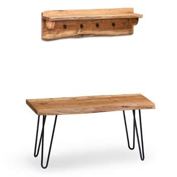 36" Hairpin Live Edge Wood Storage Bench with Coat Hook Shelf Set Natural - Alaterre Furniture