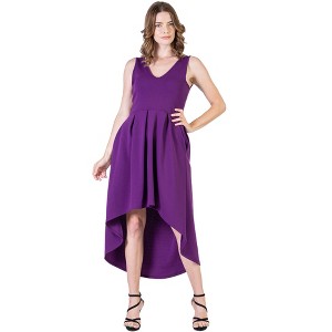 Womens Sleeveless V-Neck High Low Pleated Fit N Flare Pocket Midi Dress - 24seven Comfort Apparel™ - 1 of 4