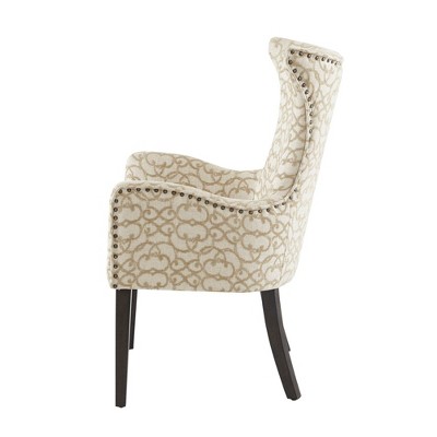Tan Linen Upholstered Arm Chairs with Wood Legs, Set of 2
