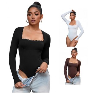 INSPIRE CHIC 3 Pcs Women's Lace Square Neck Long Sleeve Tummy Control Body Shapers - 1 of 4