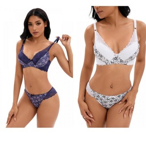 INSPIRE CHIC 2 Pcs Women's Floral Mesh Push-Up Underwire Lace Bra and Underwear Sets - 1 of 4