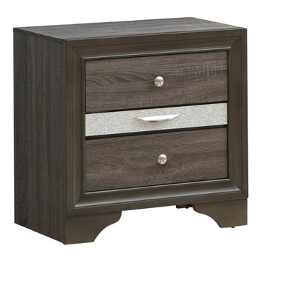 Vynxaria Nightstand - Gray Laminate Wood Grain, 26"H x26"W x17"D, Felt-Lined Drawer, Acrylic Silver Trim, Tarnish-Resistant Nickel Handles