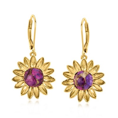 Ross-Simons Purple Turquoise Sunflower Drop Earrings in 18kt Gold Over Sterling