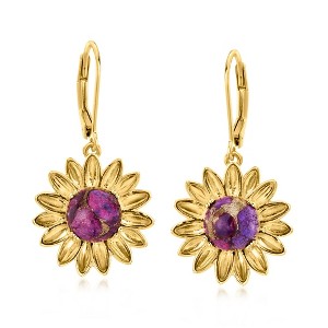 Ross-Simons Purple Turquoise Sunflower Drop Earrings in 18kt Gold Over Sterling - 1 of 3