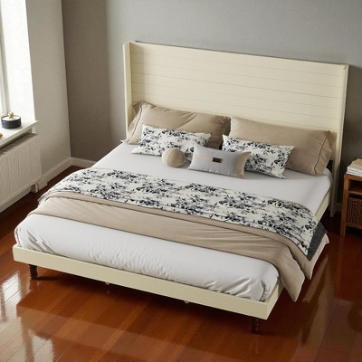 Mshliw Queen/King Bed Frame with 54-Inch High Headboard, Solid Wood Platform Bed with Backrest Support, Slatted Base Included