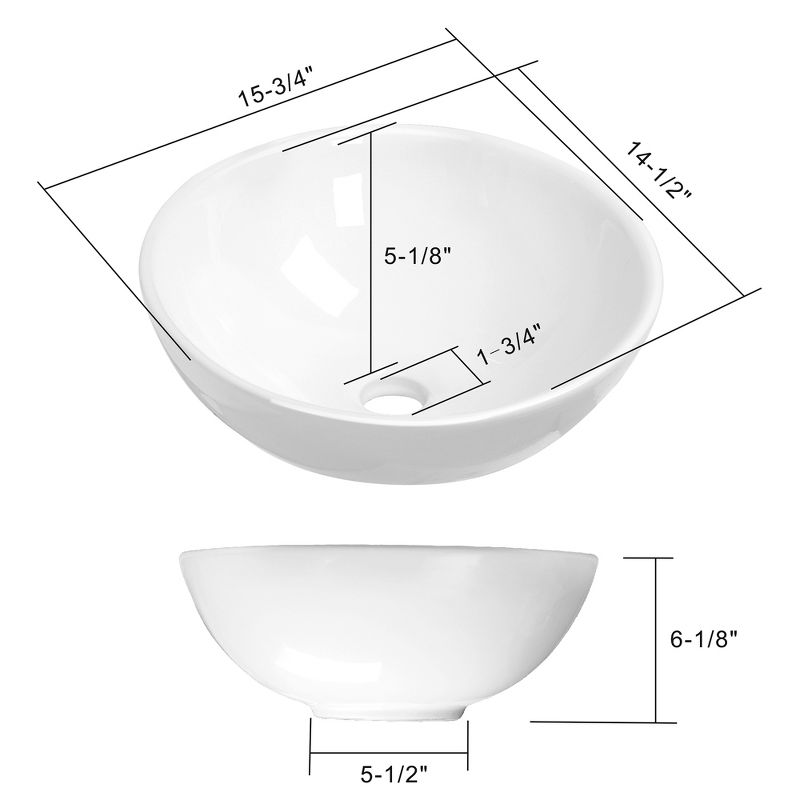 Miligore 16" Round White Ceramic Above Counter Bathroom Vessel Sink, 4 of 5