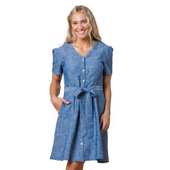 Hope & Henry Womens' Short Sleeve Button Front Chambray Dress with Waist Sash