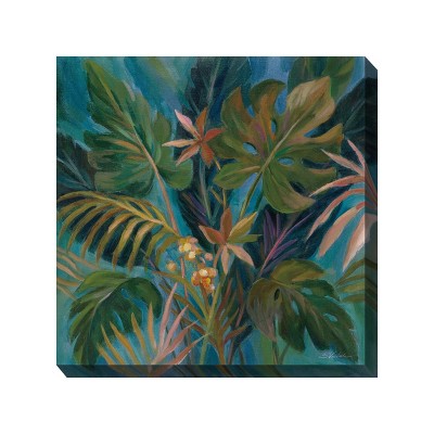 Cottage Garden West of The Wind Midnight Tropics Green, Blue, Pink 24 x 24 Inch Waterproof Gallery Wrapped Canvas, Outdoor Garden, Yard, Patio All
