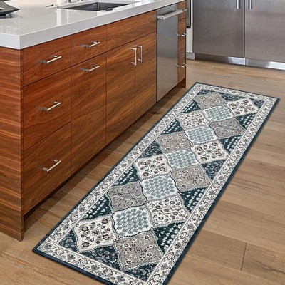 Vintage Tiled Area Rug Washable Persian Floral Rug Non-Slip Low Pile Rug, 2'x6' Blue Green