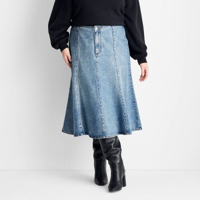 Women's Flared Denim Midi Skirt - Future Collective Medium Wash 24