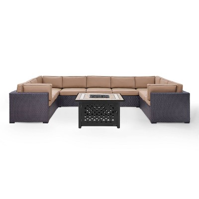 Biscayne 6pc Outdoor Wicker Sectional Set with Fire Table - Mocha - Crosley