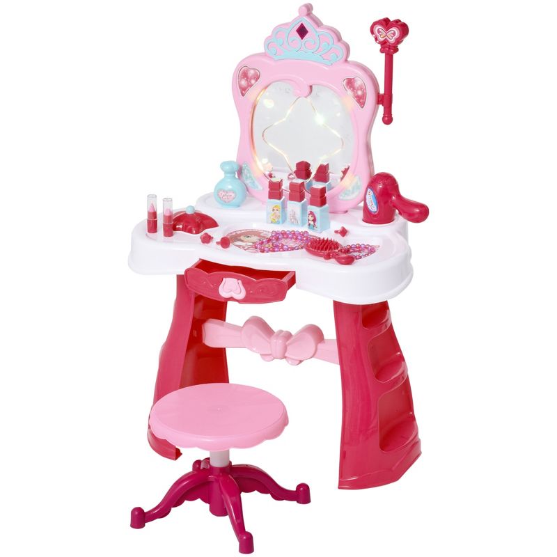 Qaba Kids Vanity Set Makeup Table Princess Pretend Play for Girls with Lights, Sounds, Stool, Magic Wand Remote, Mirror and Makeup Accessories, 1 of 10