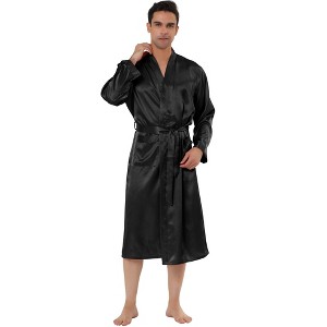 Lars Amadeus Men's Solid Satin Robe Long Sleeve Sleepwear Pajama Bathrobe - 1 of 4