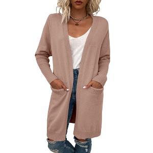 Women's Long Cardigans Cozy Open Front Casual Fall Sweater Coat with Pocket - 1 of 4