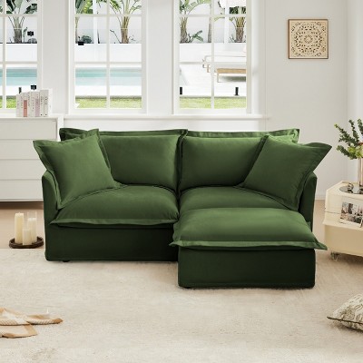 Slipcovered Sectional Sofa, 2 Seater Sofa with Removable Cover, Sofa with Convertible Ottoman, Chenille Fabric Sectional Sofas-Cuddlewood