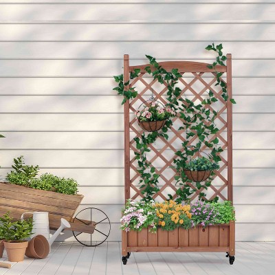 Lirago 2 Pack Raised Garden Bed with Trellis Wheels 25"L Wood Planter Box for Vegetables Flowers Natural Wood Plant Stand