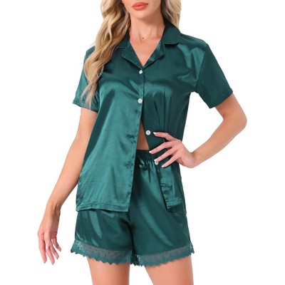 INSPIRE CHIC Women's Satin Silky Button Down Short Sleeve and Shorts with Lace Trim 2 Pcs Pajamas Set