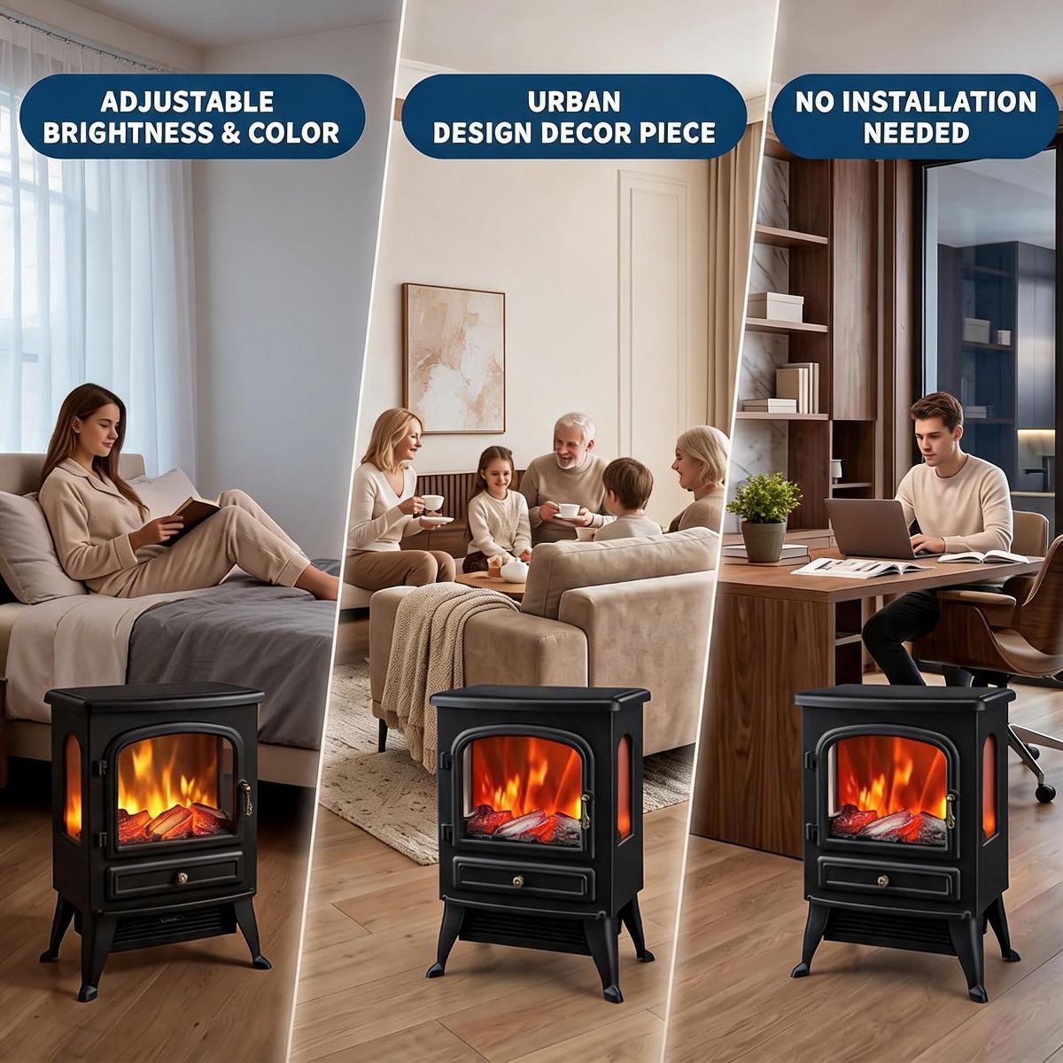 Garvee Freestanding Electric Fireplace Stove with 3-Sided Glass, 750W/1500W Heater with Thermostat, 5118 BTU, Multicolor Flame - thumbnail 3